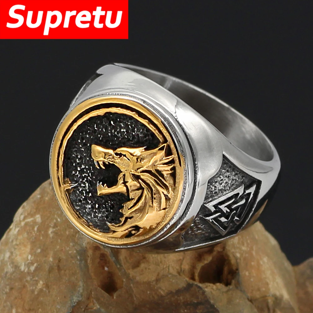 Gold Color Odin Wolf Rings Men Stainless Steel Vikings Signet Ring Accessories Norse Mythology Vegvisir Amulet Icelandic Jewelry