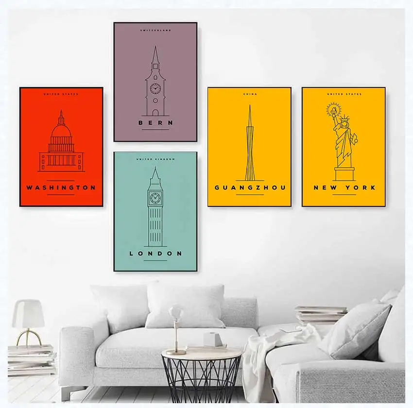 Classic Simple Abstract Line Draw of World Famous Buildings Poster Canvas Painting Print Art Pictures Home Room Wall Decor Gift