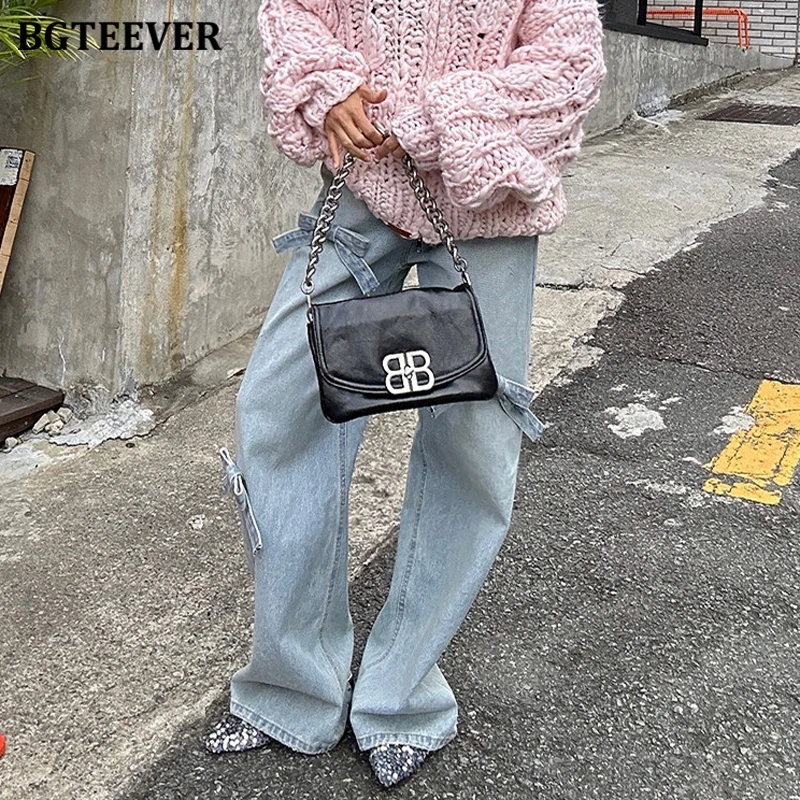 BGTEEVER Stylish High Waist Bow Denim Wide Leg Pants Women Spring Summer Loose Pockets Floor-Length Jeans Trousers Women