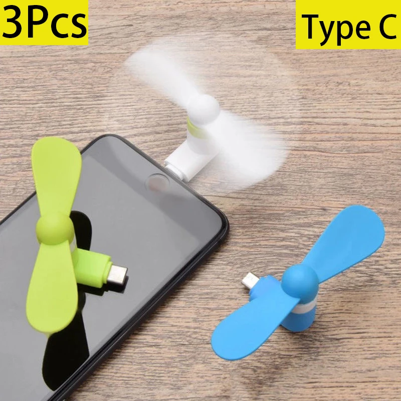 3Pcs Type C Fans Portable Cell Mobile Phone Fan Mini Portable Usb Fan