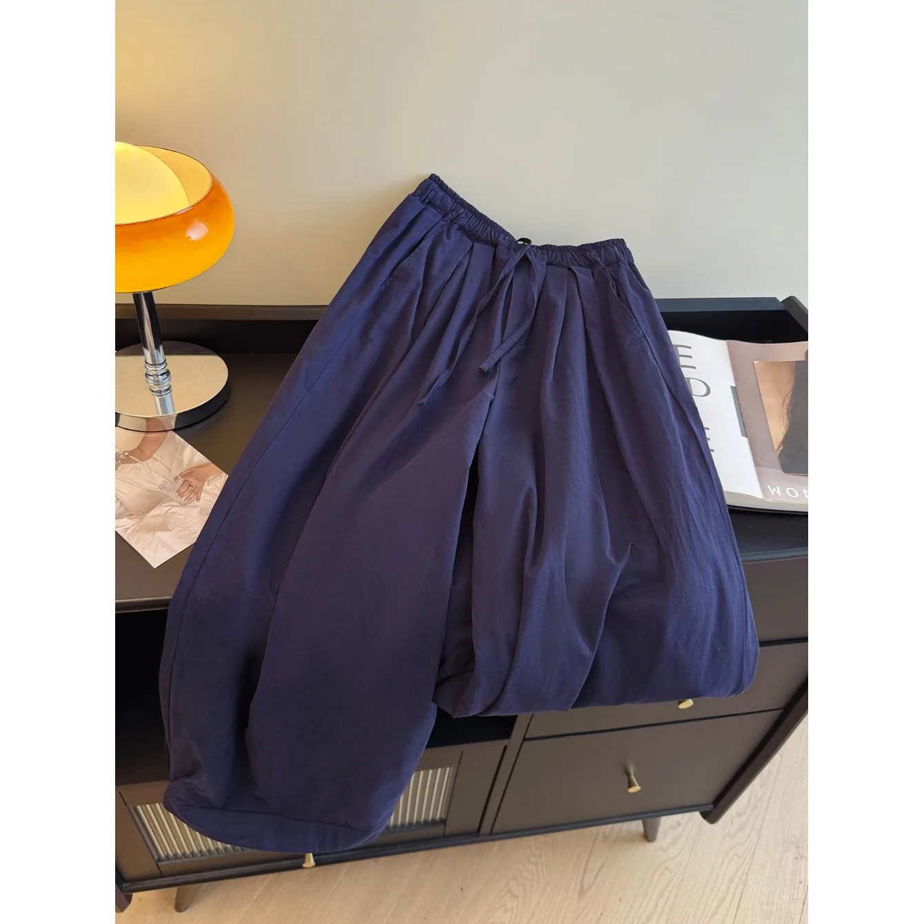 

Women's Autumn Winter Casual Pants High Density Cotton Elastic Waist Wide Leg Indigo Color Polka Dot Patterned Cotton Trousers
