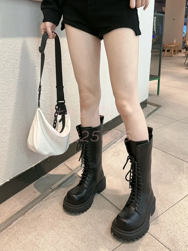 Super Cool Big Toe Mid-calf Boots Unisex Style Chunky Heel Heightening Thick Tole Shoes Black Women Lace-up Work Boots 2024