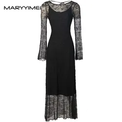 MARYYIMEI Autumn Winter Women's Dress Flare Sleeved Design Round neck Lace-Up Pretty Slim-Fit Hip Wrap High Waiste Party  Dress