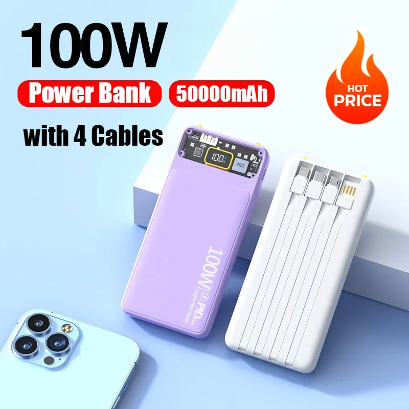 2026 Fast Charging Portable Power Bank 50000mAh Comes with Cable External Battery Charger Cases for iPhone Series Samsung Xiaomi