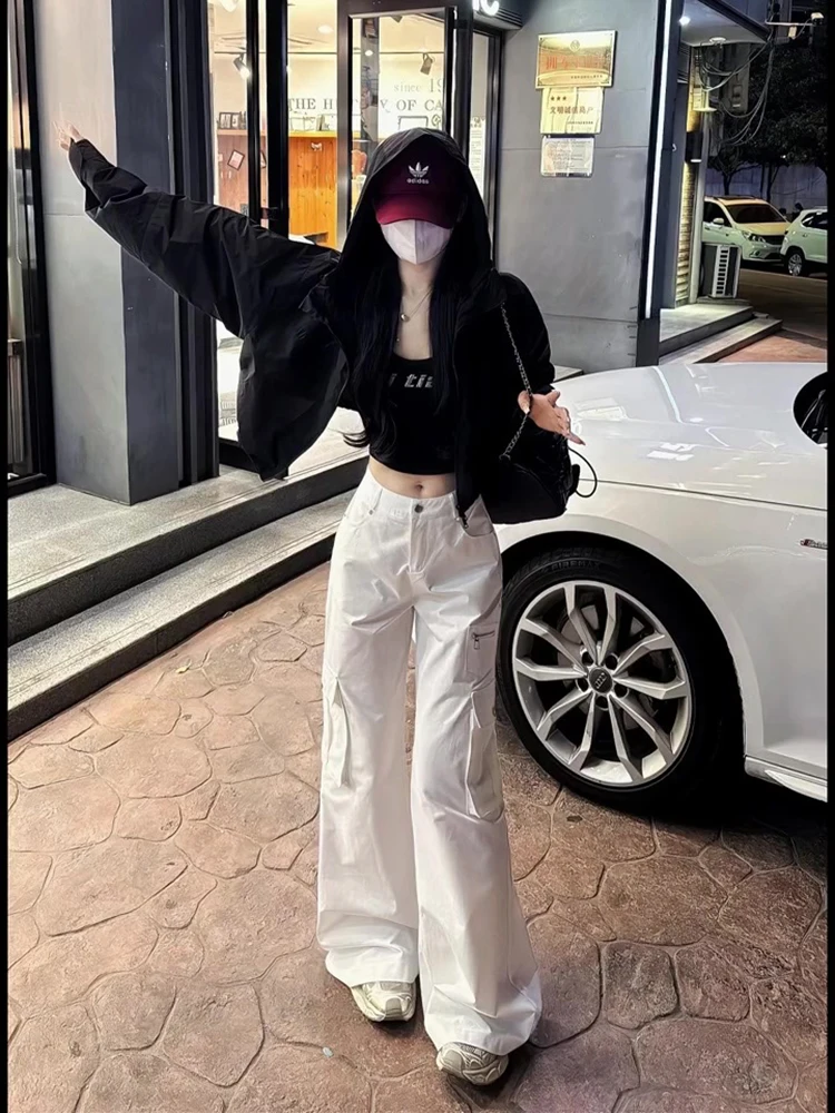 Pantalon de travail blanc rétro américain pour femmes, taille haute, jambe droite, décontracté, jambes larges, plusieurs bouts, ample, longueur au sol...