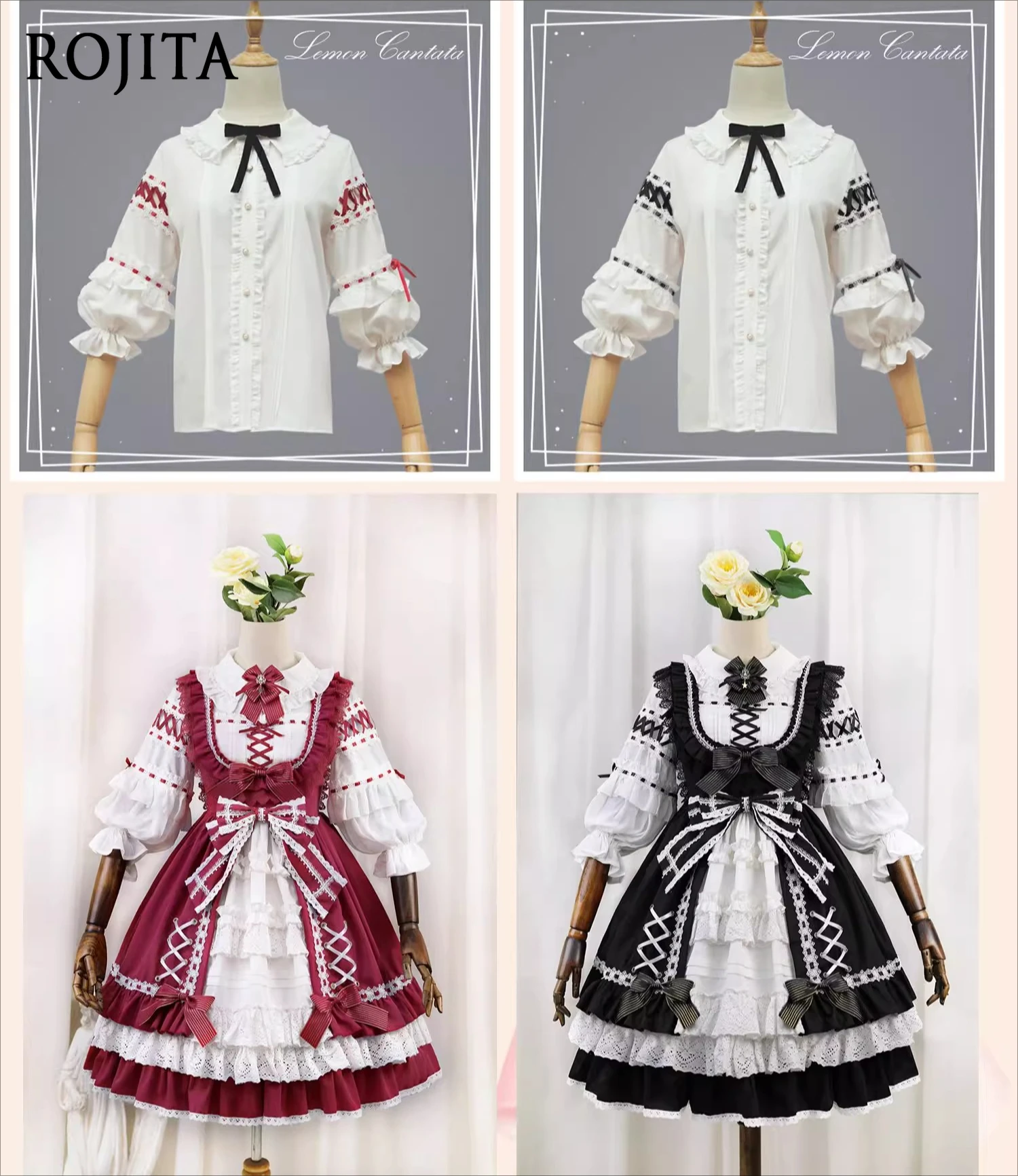

Original Lolita Cross Strap Three-Quarter Puff Sleeve Bow Ribbon Inner Wear Shirt Women in Stock Ruffled Collar Puff Sleeve Top