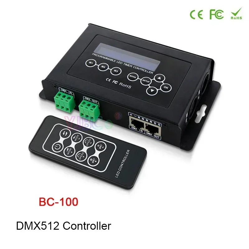 

BC-100 CV PWM DMX512 светодиодный контроллер, ЖК-экран, RGB светодиодный модули DMX, диммер, Радиочастотный пульт дистанционного управления для RGB фотополосы, лампы 9V