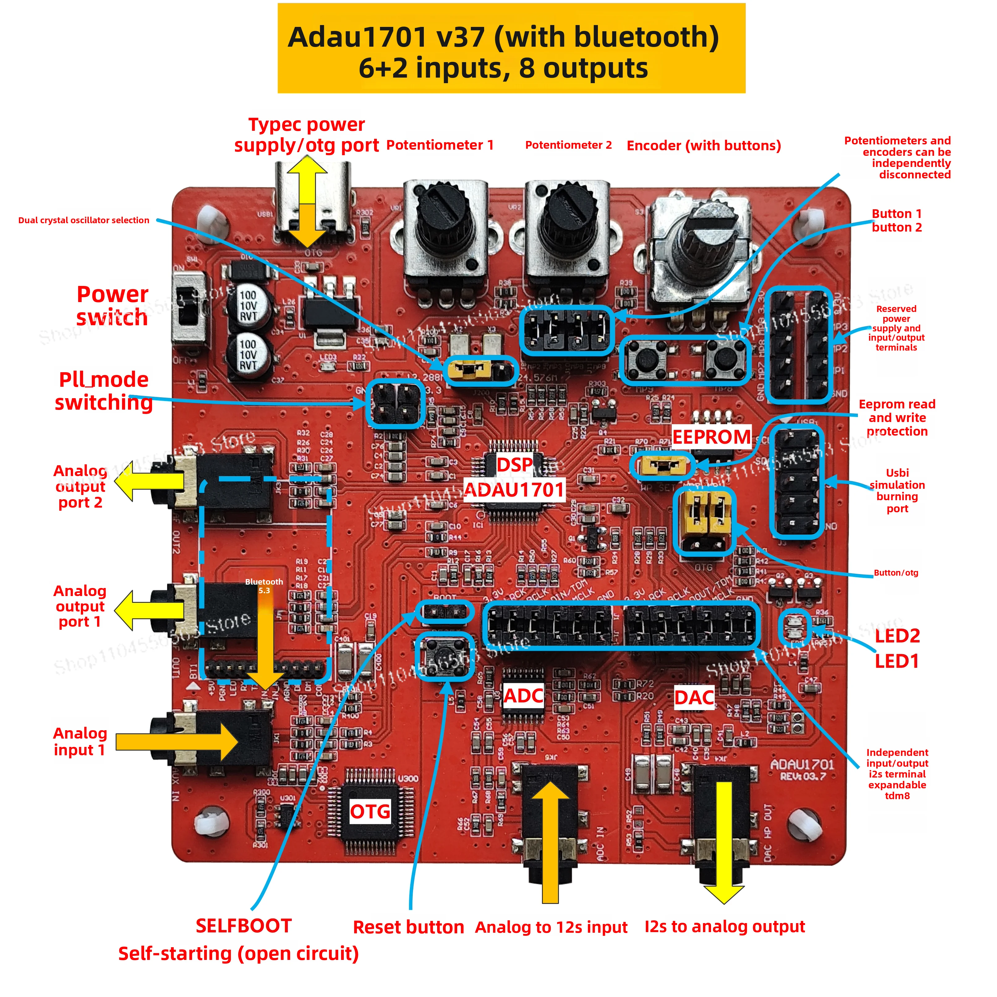 ADAU1701 development board 6 + 2 channels Bluetooth input 8 channels output