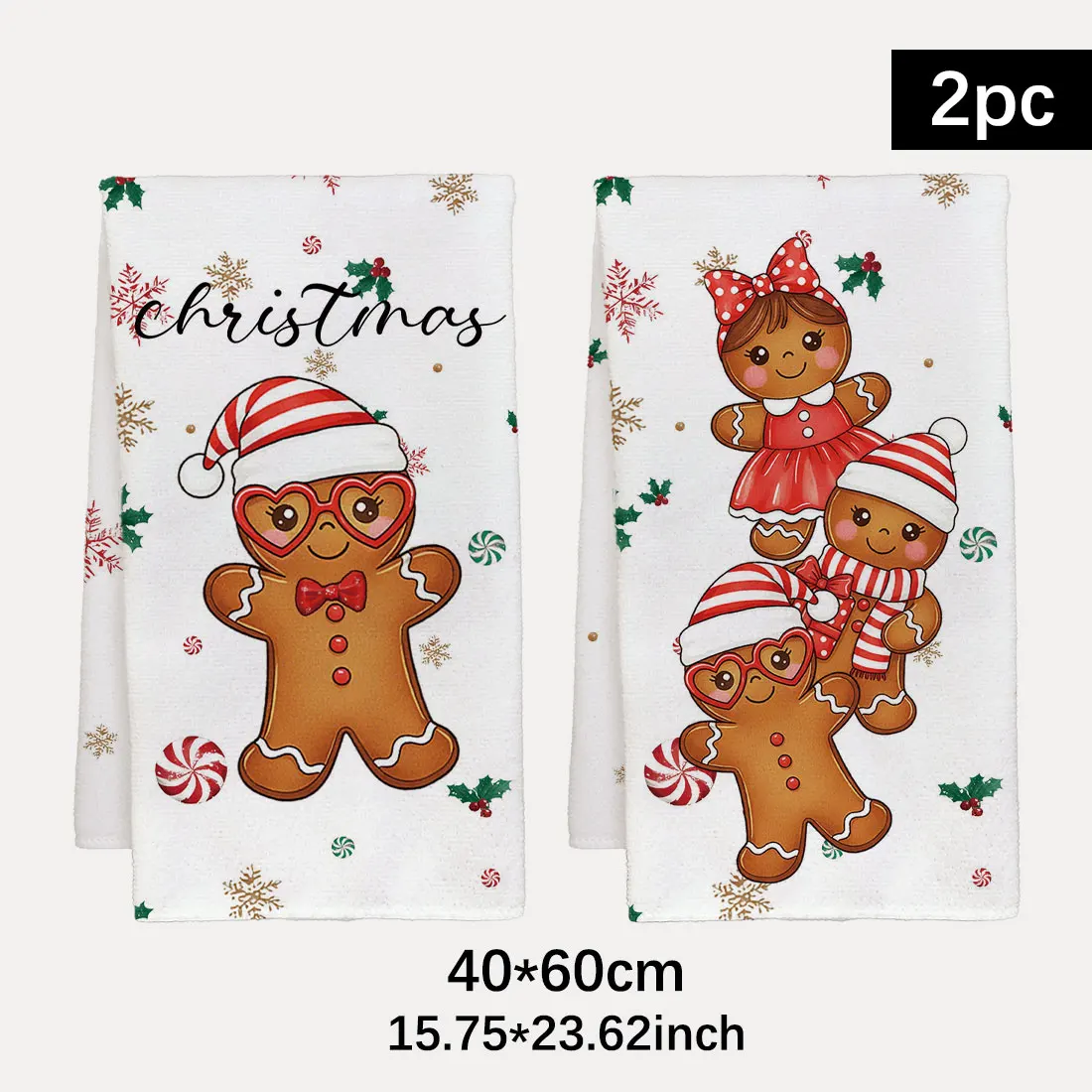 2PCS Christmas kitchen towels, gingerbread man candy pattern, 40x60cm ultra-fine fiber kitchen towels, Christmas home decor