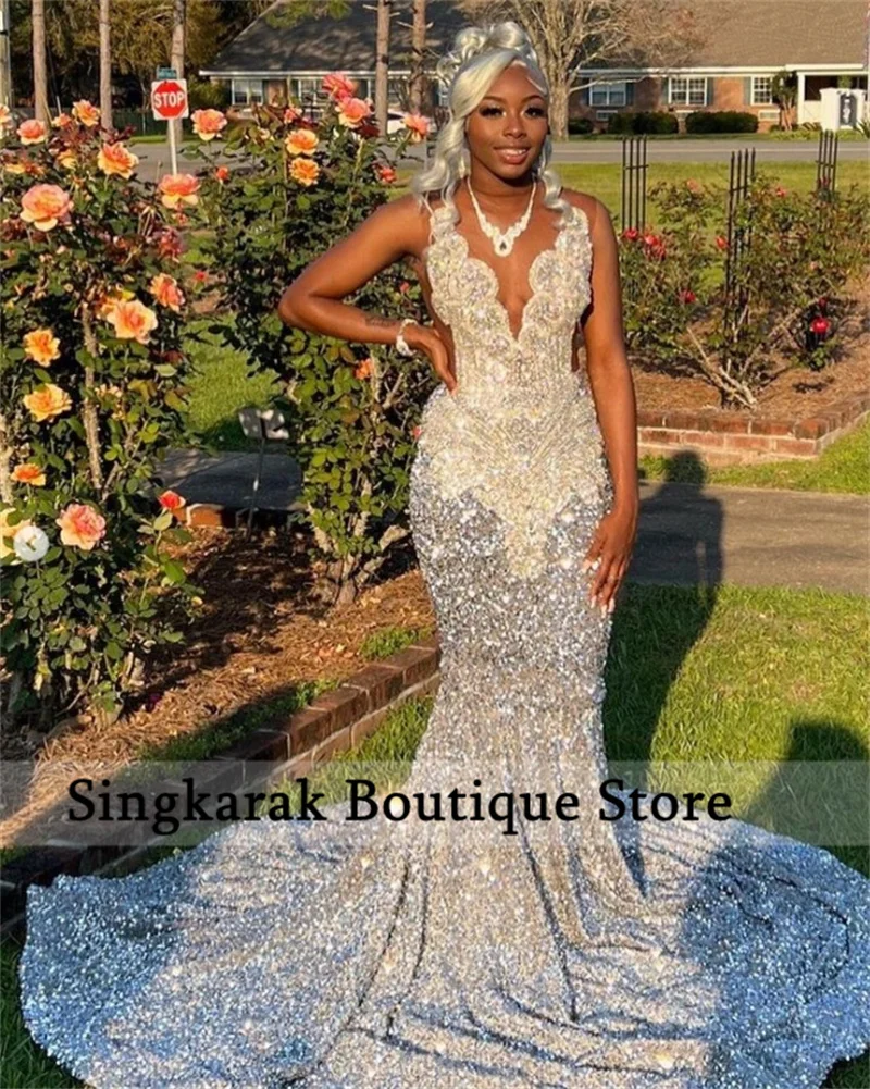 Shiny Silver Diamonds Prom Dress Glitter Crystals Beads Sequins Birthday Wedding Party Gown Evening Gown Court Train Customized