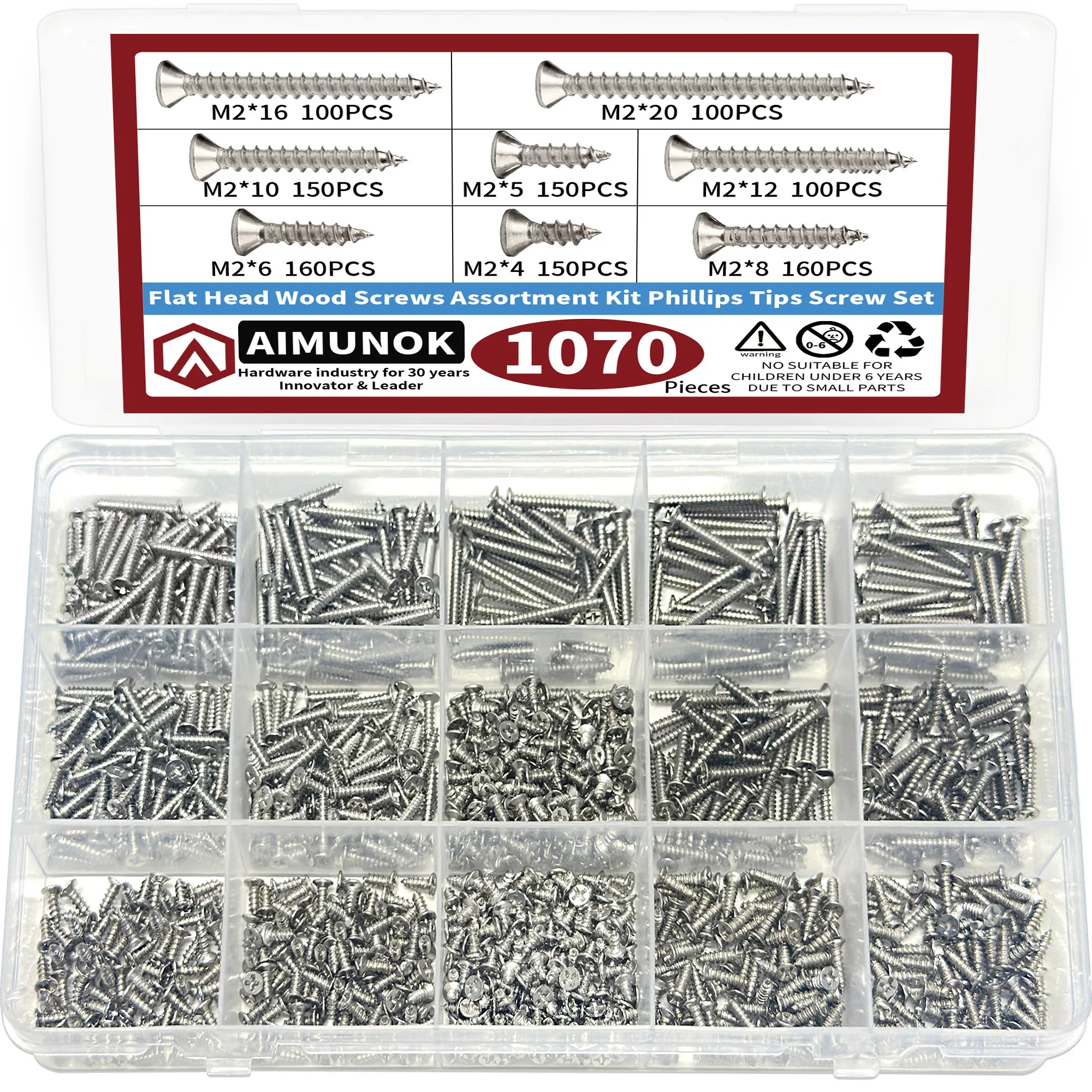 

1070Pcs M2 Flat Head Wood Screws Assortment Kit Phillips Tips Screw Set Easy to Operate Link for Safety Against Loose Fastening