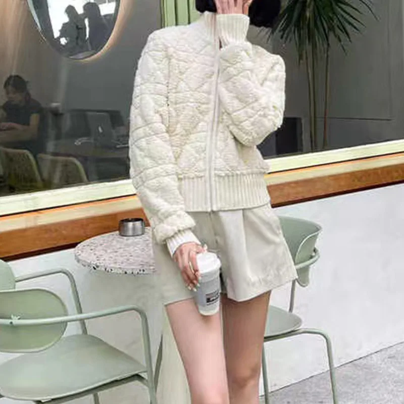 [EWQ] Half High Collar Long Sleeve Knit Cardigan Simple Women Winter Short Zipper Apricot Sweater Coat Winter 2024 Autumn 6O2347