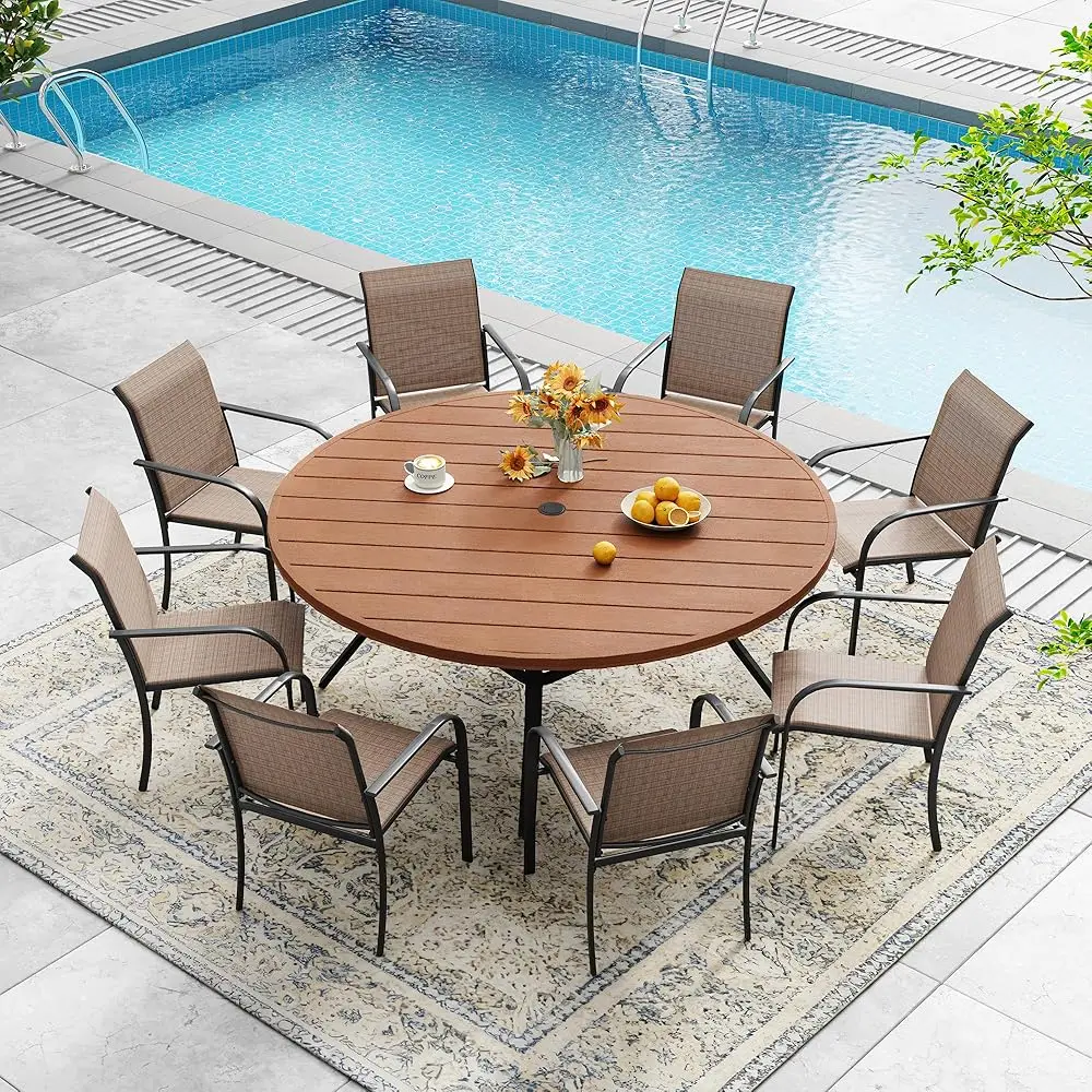 

9 Pieces Outdoor Patio Dining Set For 8, 56.3"" Walnut Round Plastic-Wood Table Top And 8 Brown Stackable Sling Dining Chairs,