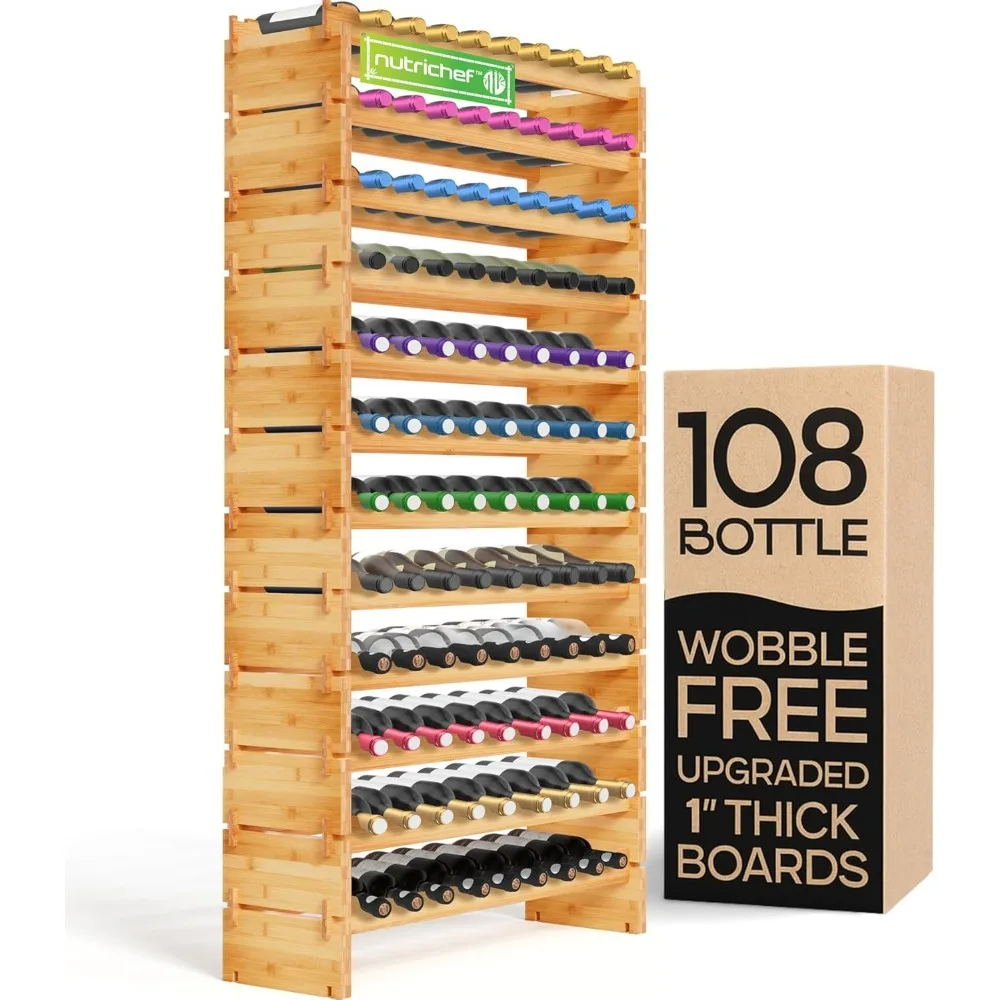 Stackable Bamboo Wine Rack, 108 Bottle Capacity, Easy No-Tool Assembly for Kitchen or Bar Storage