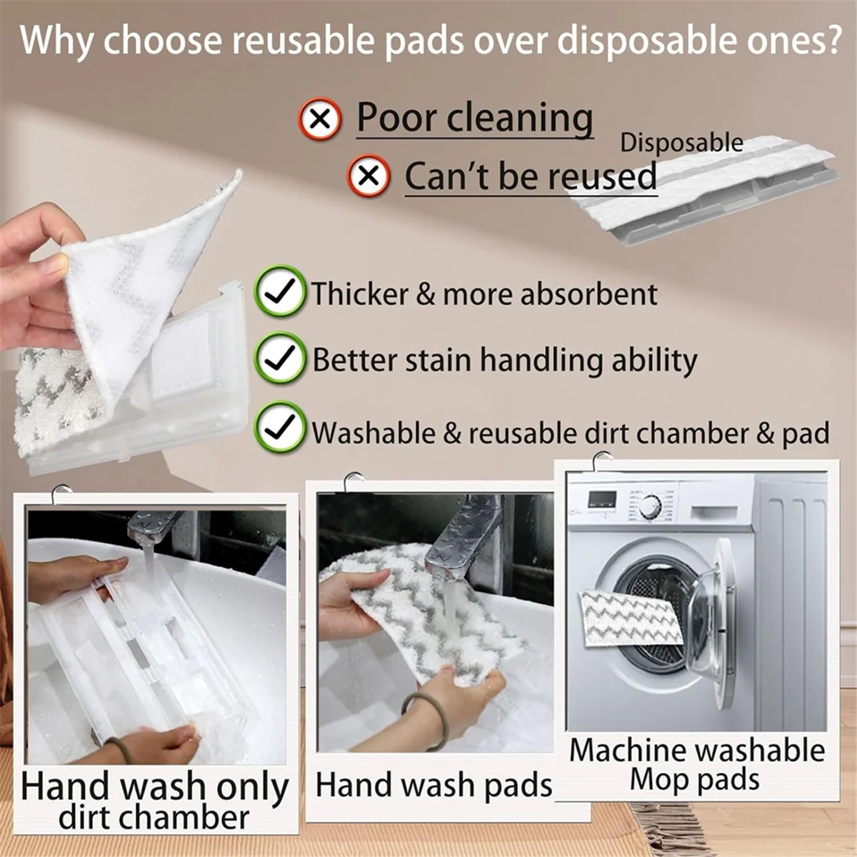 ขายร้อนReusable Mop PadเติมสําหรับVacmop VM252 VM250 VM200 VM190 เปลี่ยนสูญญากาศMop Pads