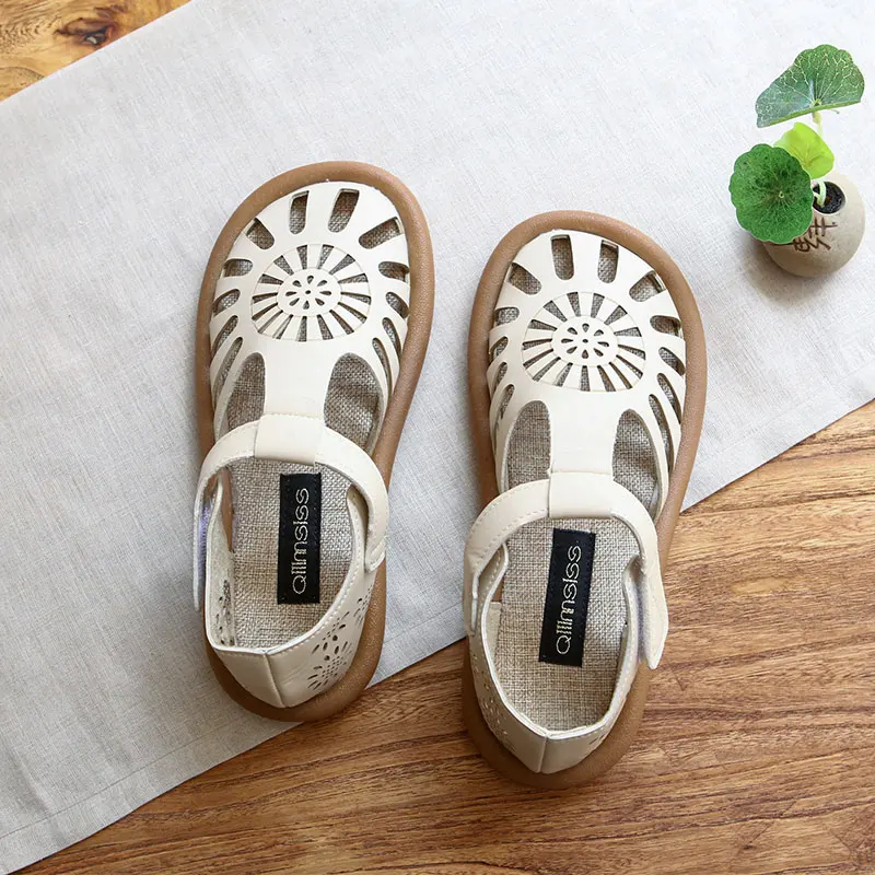 Original Hollow out Slip-On Shoes Summer Forest System Cotton Linen Artistic Breathable Roman Shoes Wide Head Flat Bottom Pig...