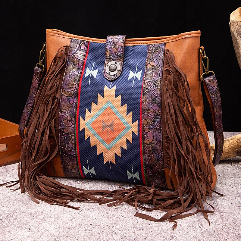 Retro Women Aztec Tote Bags with Tassels Large Capacity Ladies Shoulder Hobo Purses and Handbags with Detachable Crossbody Strap