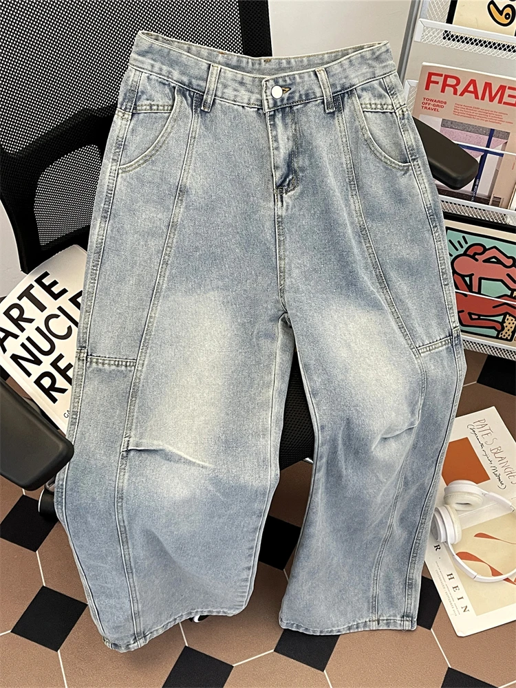 Men's Spring 2025 Wide Leg Straight Cut Jeans Knife  Retro Deconstructed Loose Fit Casual Long Trousers