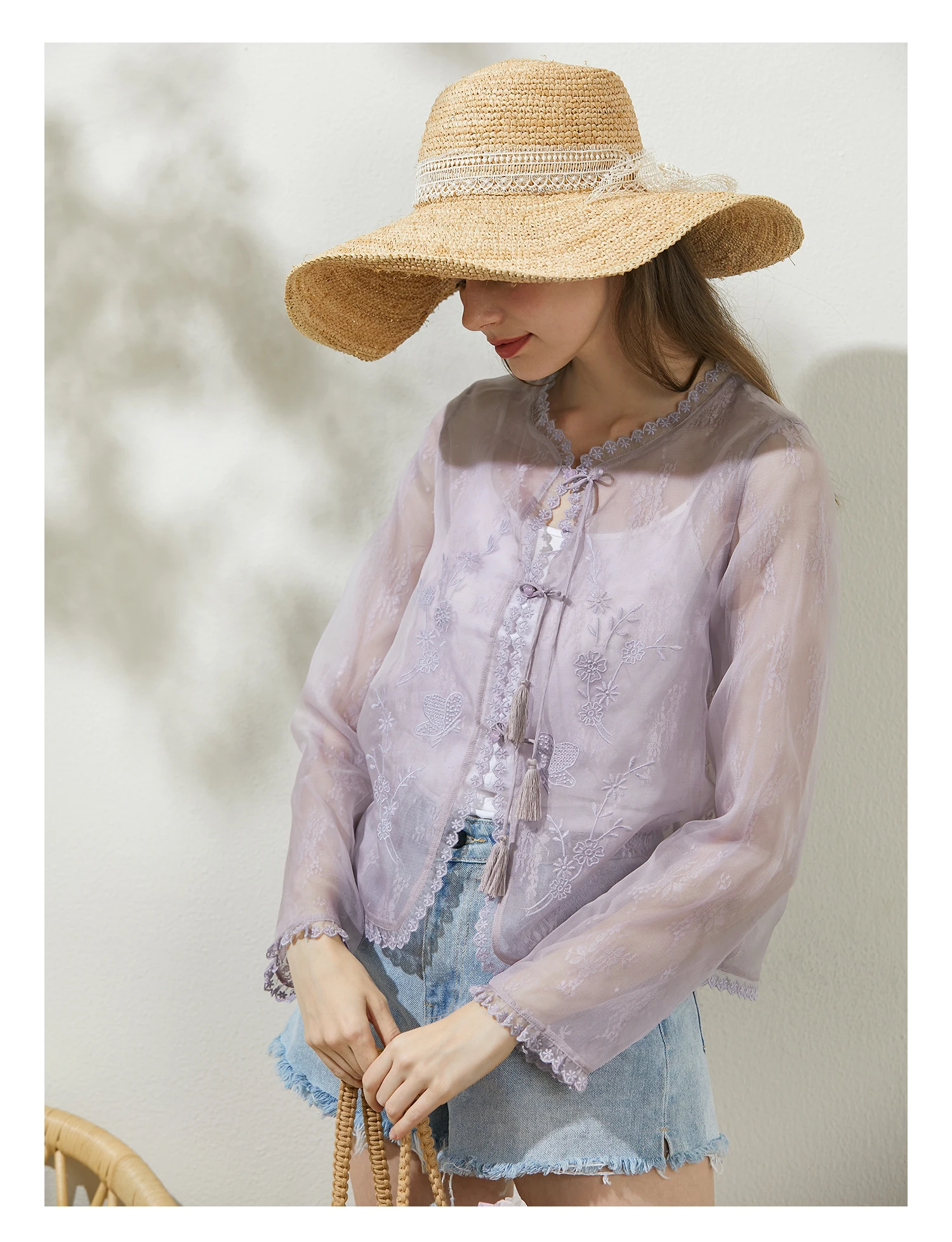 BirdTree 100%Real Silk New Chinese Style Shirt Organza Women's Embroidery Thin Jacket Purple Spring/Summer Short Top T43946QM