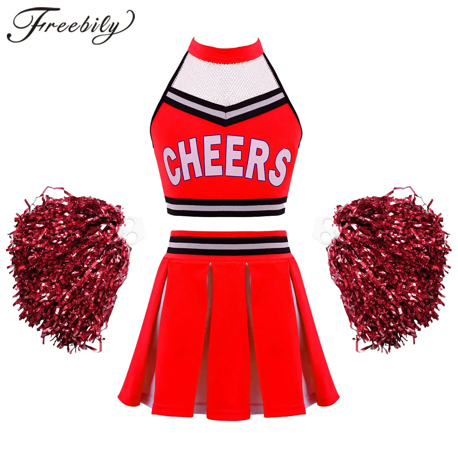 

Kids Girls Cheerleader Costume Dancewear Crop Top + Pleated Skirt Flower Ball Cheerlead Uniforms Set for Dancing Competition