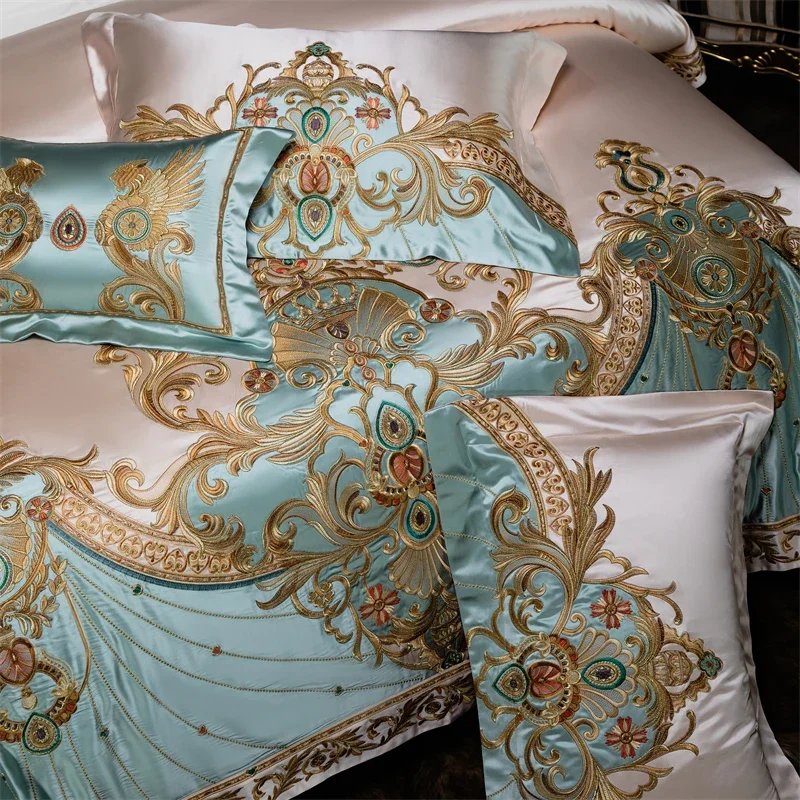 4/6/9Pcs Gorgeous European Palace Style Royal Embroidery Bedding Set Brocade Egyptian Cotton Duvet Cover Bed Sheet Pillowcases