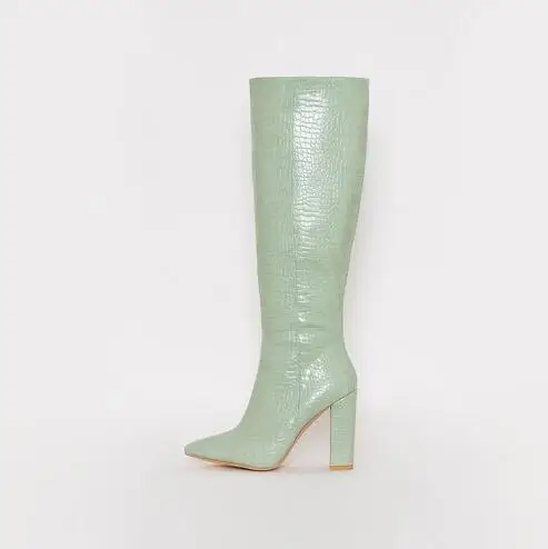 Winter Women Mint Green Stone Pattern Leather Pointed Toe Zipper Side Square Heels Knee High Boots Slim Long Botas Shoes Lady