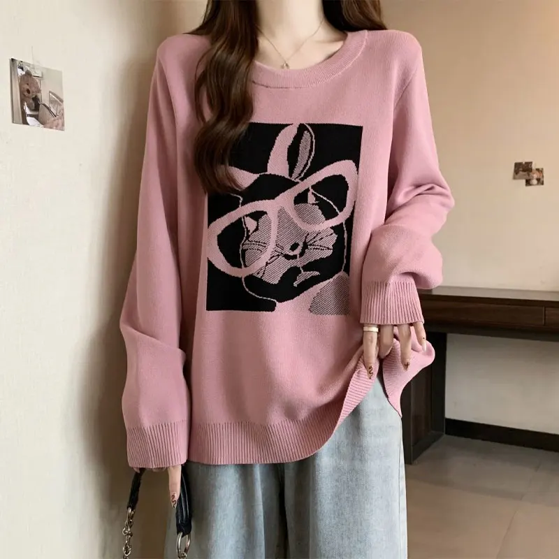 

Cartoon Rabbit Knitted Jumpers Autumn Winter O-Neck Loose Women's Clothing Chic Jacquard Weave Casual Basic Long Sleeve Sweaters