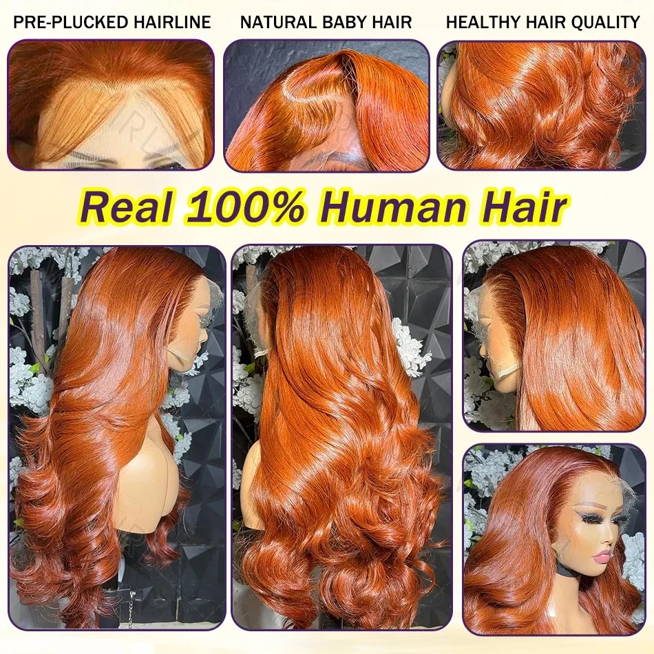 Pelucas delanteras de encaje 13x5 de onda de cuerpo naranja jengibre, peluca Frontal de encaje de cabello humano 100%, peluca de encaje transparente HD prearrancada de colores 350