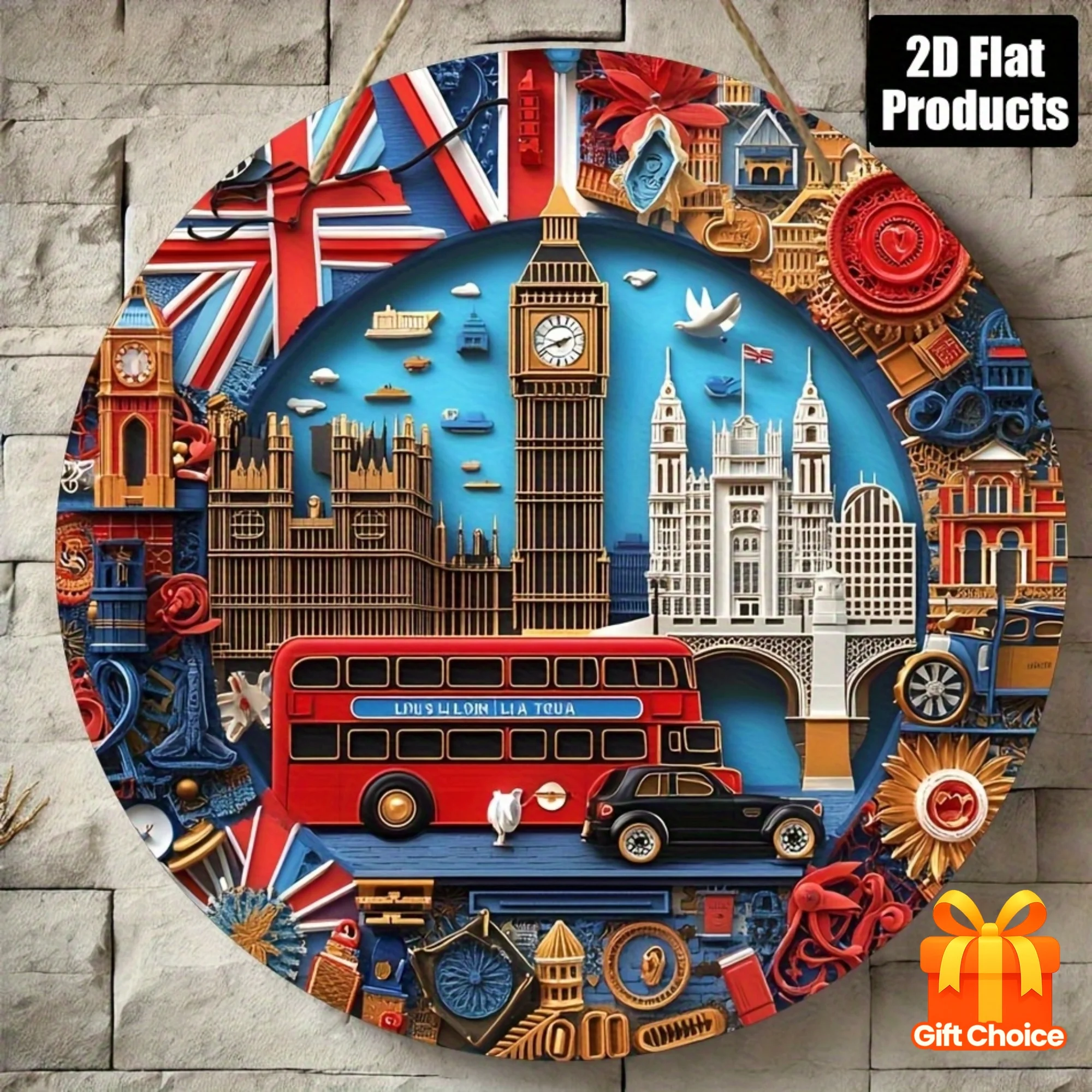 2D-Flugzeug, 1-teilig, rundes dekoratives Gemäldlogo aus Holz, London-Thema, geeignet für Bars, Küchen und Cafés