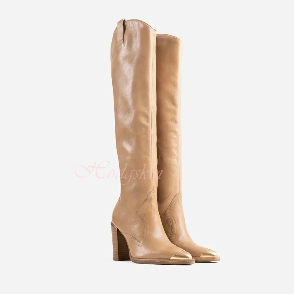 Metal Pointy Toe Boots Knee High Chunky High Heels Solid Leather Slip On Long Boots Women Sexy Shoes Winter Party Designer Black