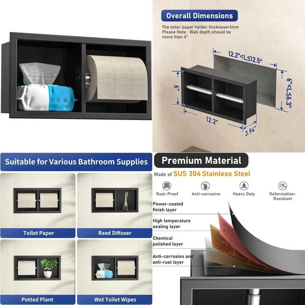 

Stainless Steel Dual Roll Toilet Paper Holder, Recessed Mount for Bathroom Remodel, Horizontal Tissue Dispenser with Long-Lastin