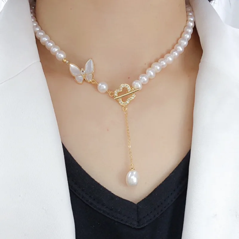 

Ожерелье из натурального пресноводного жемчуга оптом для женщин. Красивая бабочка из перламутра и счастливые аксессуары из четырехлистного клевера.
