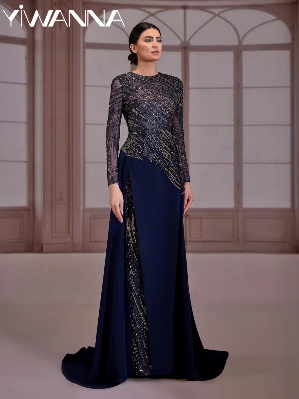 

Blue Sparkly Beaded Evening Dress Classic Oneck Long Sleeve Mother Of The Bride Dresses For Wedding Customized Party Gowns