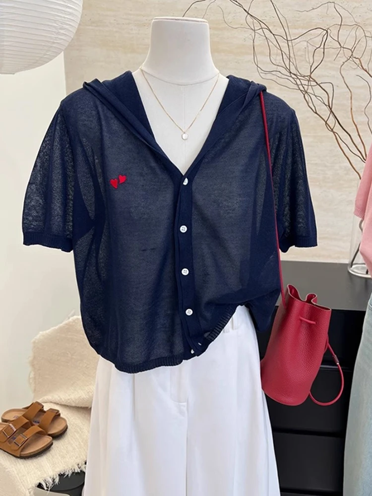 Diseño Sensation Slim Fit ort Sve Cárdigan de punto de seda de hielo con sombrero verano fino Sle Base versátil irt Top de mujer