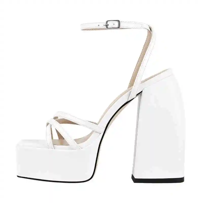 Onlymaker Brand Women White Ankle Strap Platform Chunky Heels Sandals Peep Toe High Heel Party Dress Summer Sandals