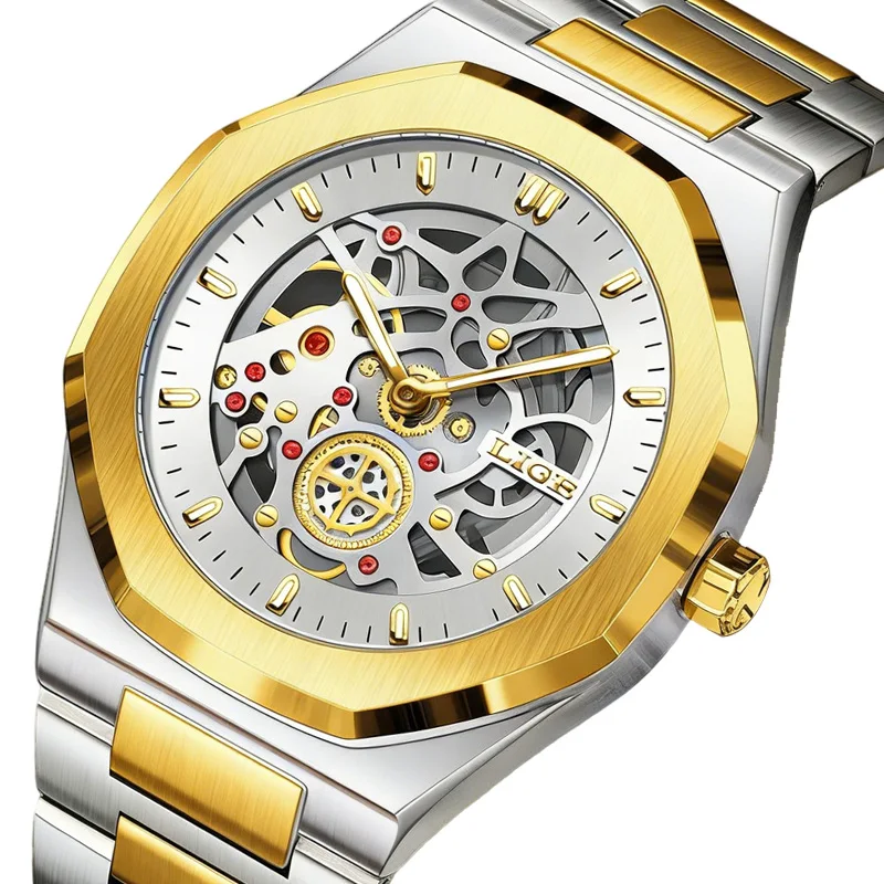 LIGE Luxus Herrenuhren Skelett-Design Automatik Quarz-Armbanduhren Wasserdicht Leuchtend Stahlarmband Uhr für Männer