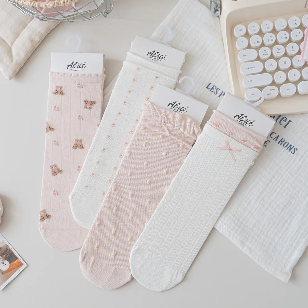 4 Paar/Lot Baumwollsocken für Damen mit Blumenmuster, Schleife, Lolita, Kawaii, Rüschensocken, Frühling und Sommer, dünne, atmungsaktive, mittellange Socken