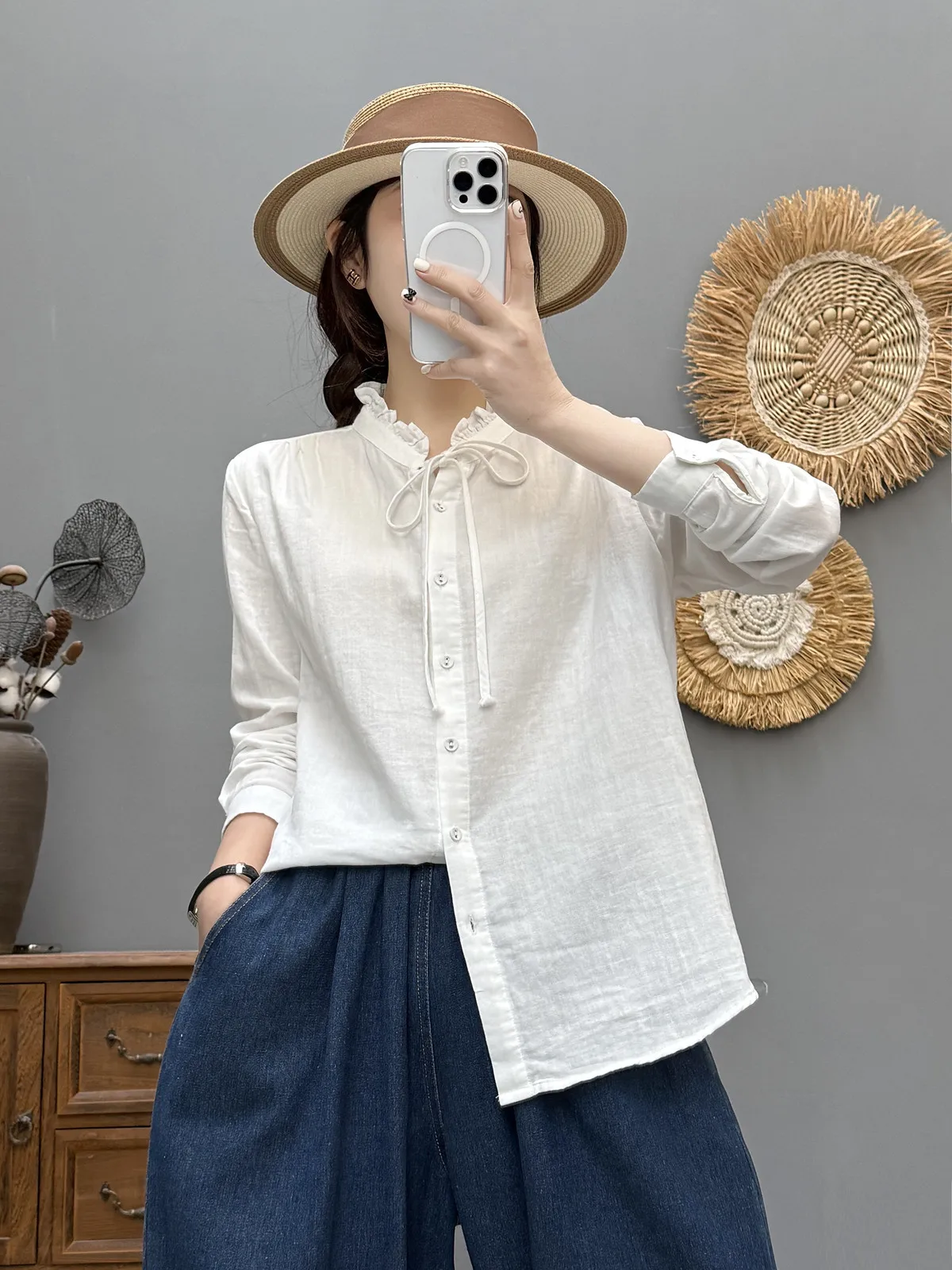 جديد 2025 قميص خريفي بأكمام طويلة من غزل القطن ، بلوزة نسائية فضفاضة مكشكشة برباط علوي ، بلوزة موري جيرل ناعمة OL متعددة الاستخدامات T57057CC