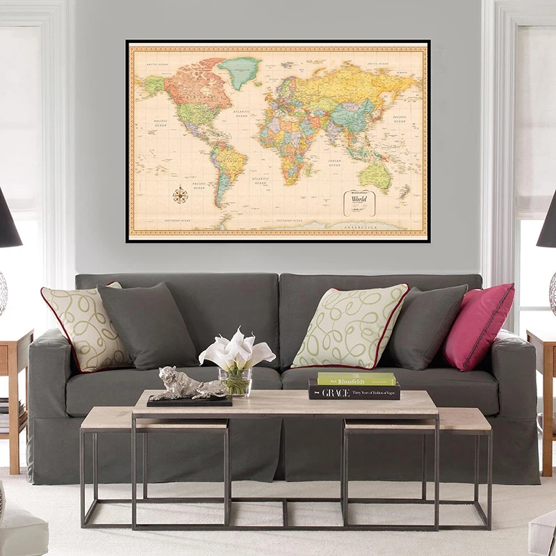 The World Map 60*40cm Poster seni dinding Vintage semprot lukisan kanvas perlengkapan kantor sekolah ruang tamu dekorasi dinding rumah