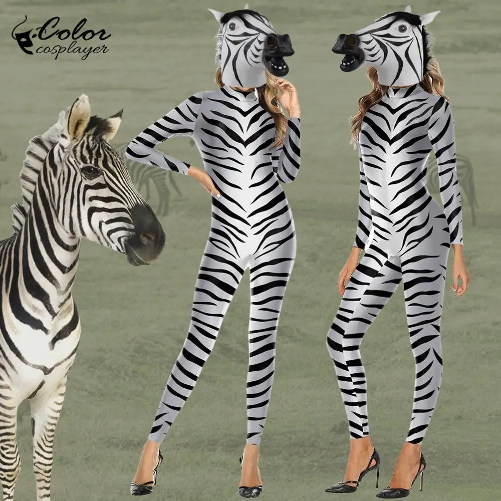 Kolor Cosplayer Zebra kombinezon nakrycie głowy zebra karnawał przebranie na karnawał zwierzęcy pasek obcisłe body dla dorosłych z długim rękawem Zentai