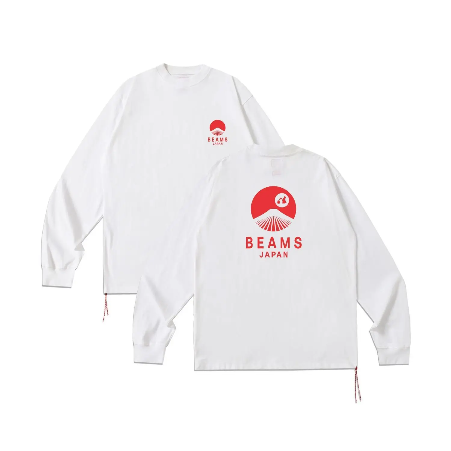 BEAMS Unisex Crew Neck Long Sleeve T-shirt Cartoon Bird & Letter Print Loose Fit Casual Street Style Pullover Tops