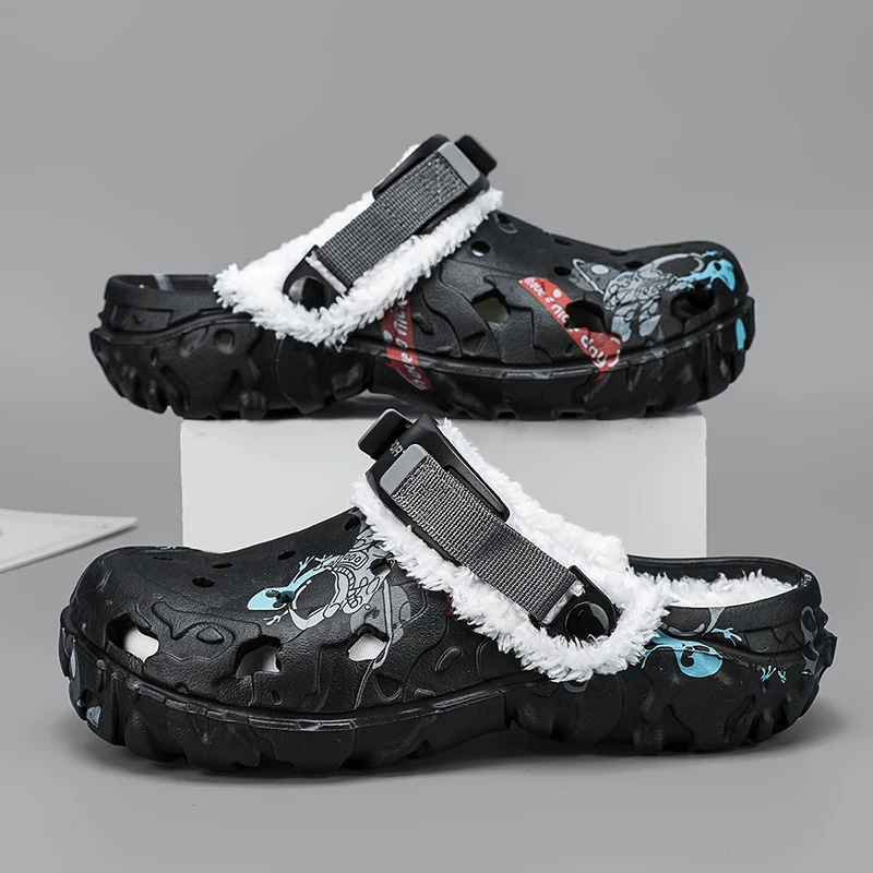 Winter Men Clogs Warm Furry Slippers Removable Soft Home Cotton Shoe EVA Fluff Slides Casual Sandal Outdoor Plush Fur Clogs