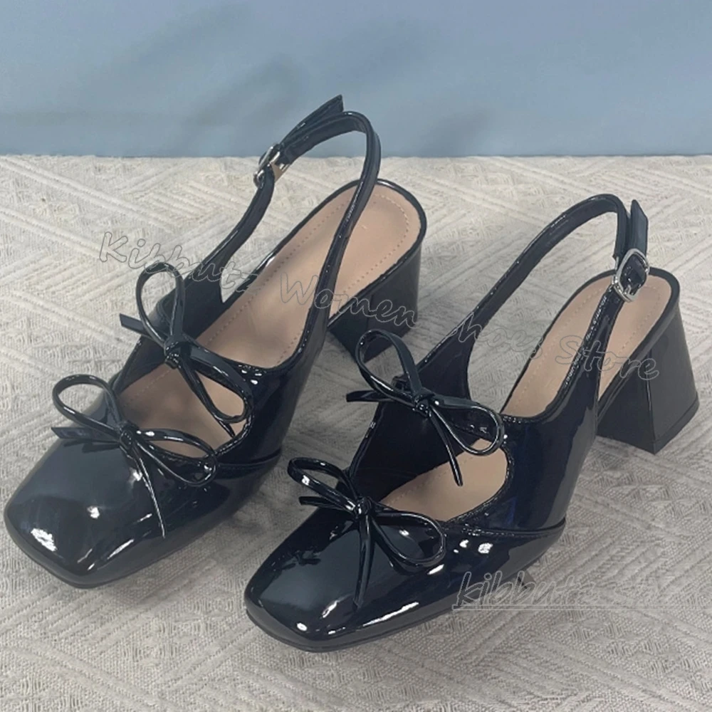 

Pumps Buckle Strap Square Toe Chunky Heels Bows Leather Fashion Elegant Comfortable Sexy Women Shoes Newest Party Dress Wedding