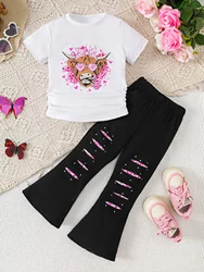 Summer Girls' Clothing Sets Heart Print Short-Sleeved Tops Print Pants 2Pcs Outfits Valentine's Day Gift For 3-10 Year Girls