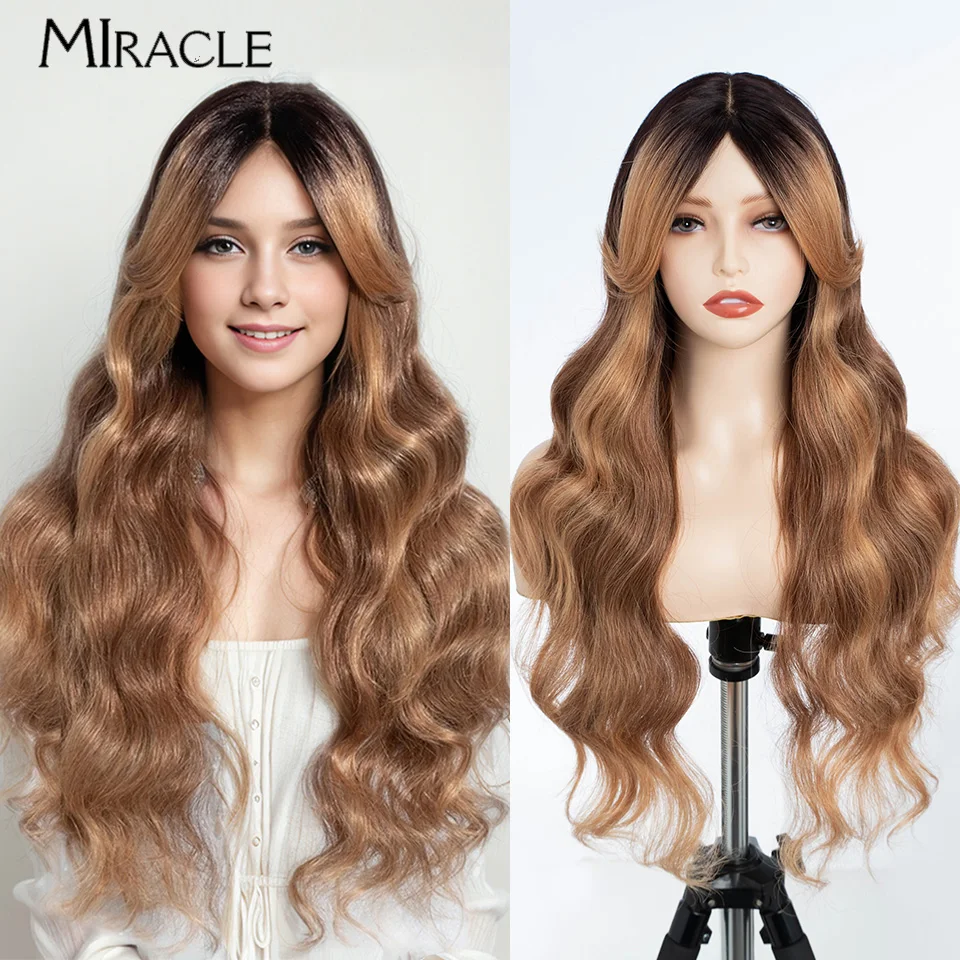 MIRACLE Synthetic Lace Front Wig With Bangs 28'' Body Wave Middle Part Lace Wig for Women Ombre Brown Cosplay Wigs Fake Hair