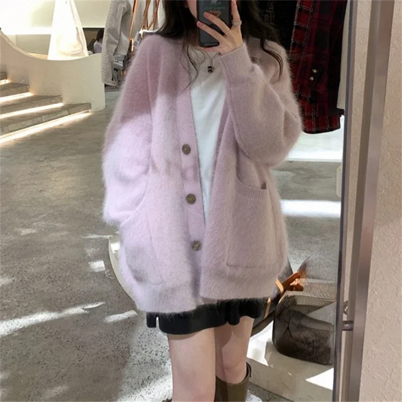 Imitation Mink Velvet Soft Waxy Sweater Coat Female Autumn and Winter New Soft Lazy Mid-long Loose Sweater Cardigan Female Y2k