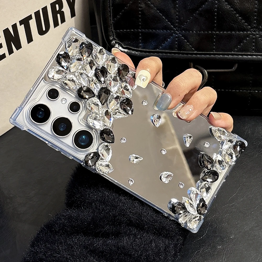 Luxury Rhinestone Makeup Mirror Phone Case For Samsung Galaxy S25 S24 S23 S22 FE Plus Note 20 Ultra Butterfly Shockproof Cover