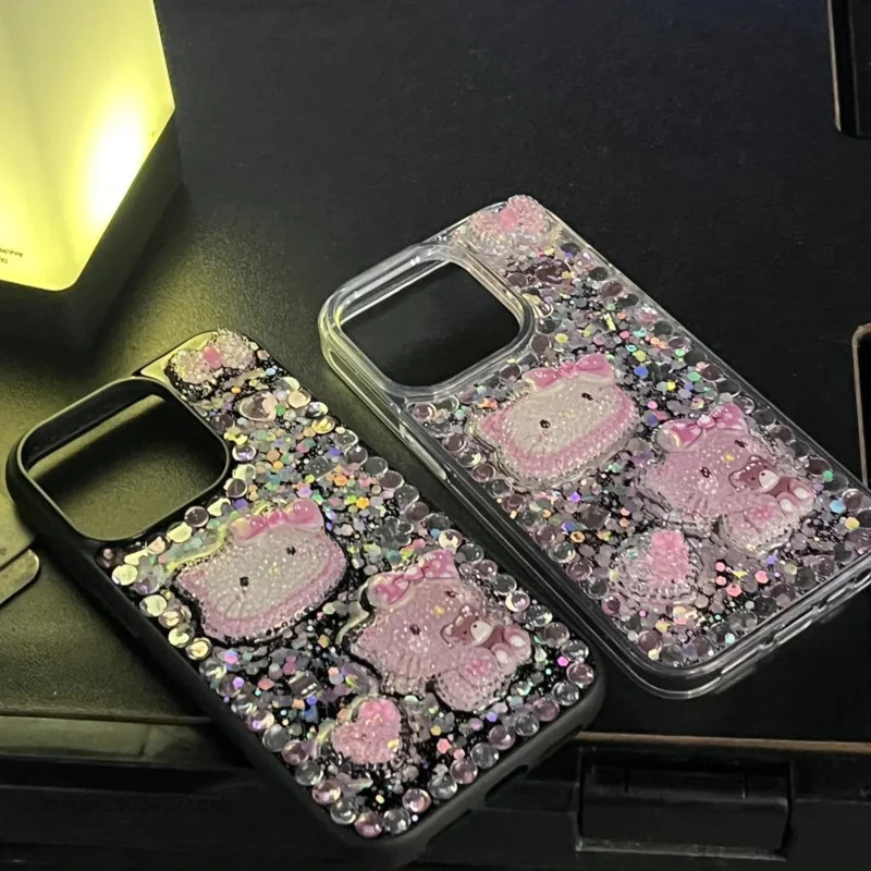 Sanrio Hello Kitty Drip Glue Sequin 3D Cartoon Phone Case For Iphone 15 14 12 13 Pro Max Apple Fashion Luxury Protective Cover