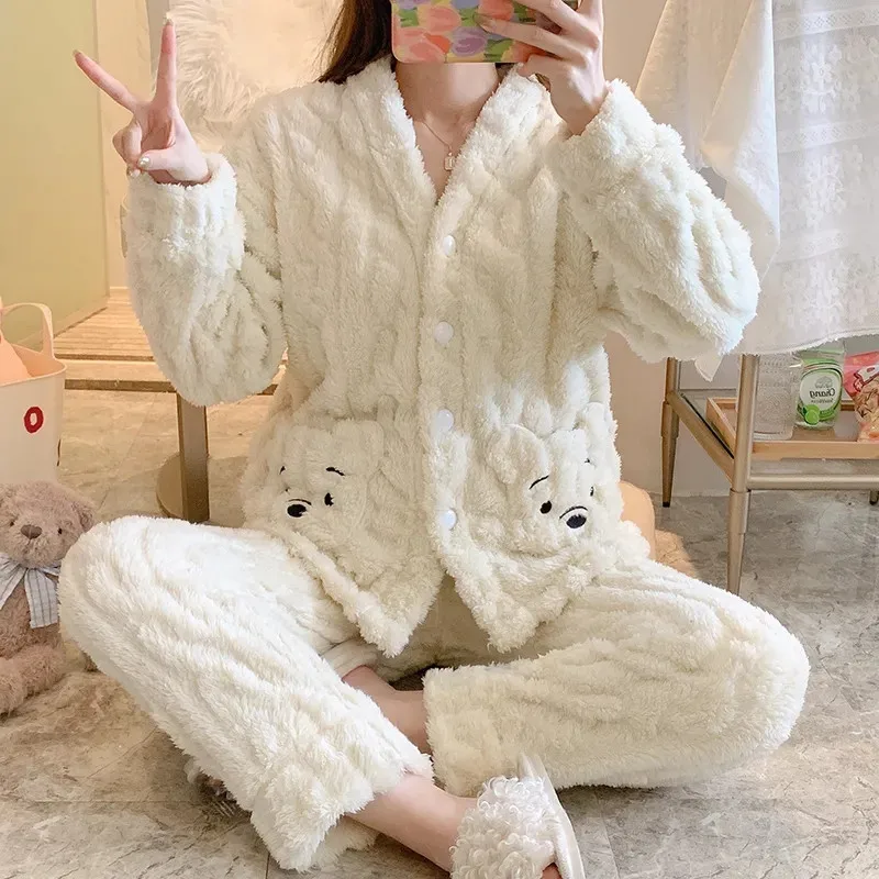 New Women\'s Pajamas Suit Autumn Winter Soft Coral Velvetl Sleepwear 2 Piece Set  Hairy Loose Warm Home Service / Wear Out Female