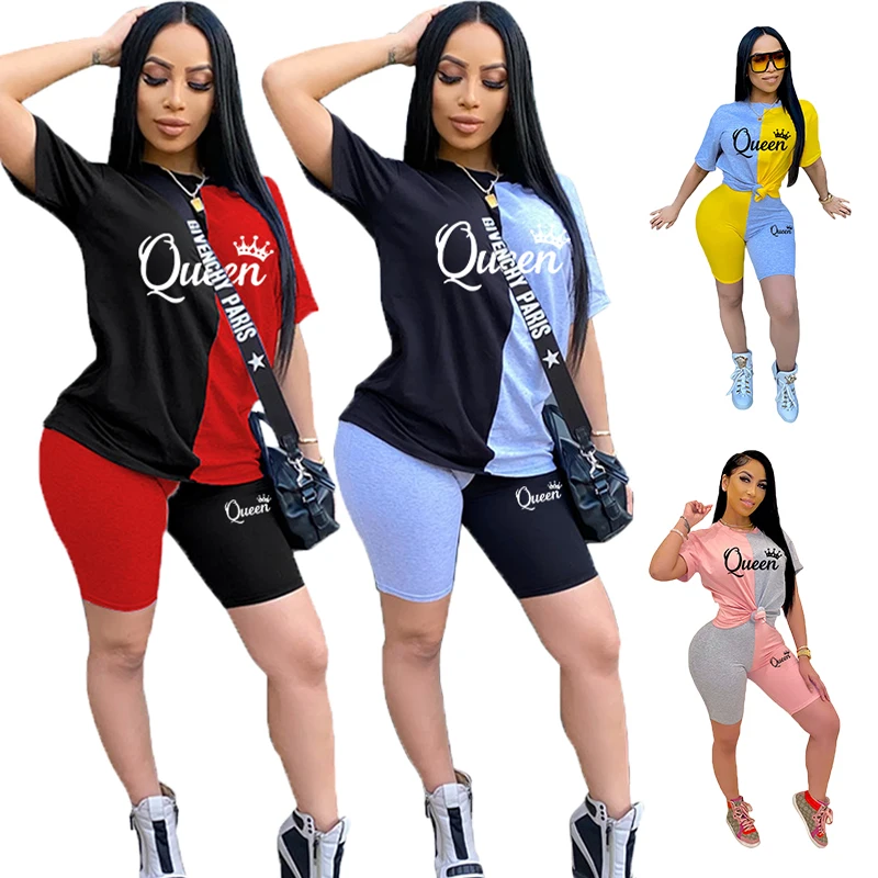 Women's Queen print summer casual two-piece set women's patchwork round neck short sleeved shorts tight fitting sportswear set